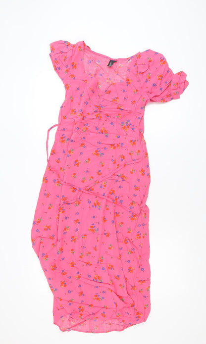Nobody's Child Women's Pink Floral Viscose Wrap Midi Dress Size 10