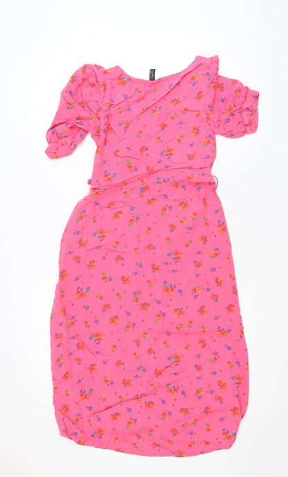 Nobody's Child Women's Pink Floral Viscose Wrap Midi Dress Size 10