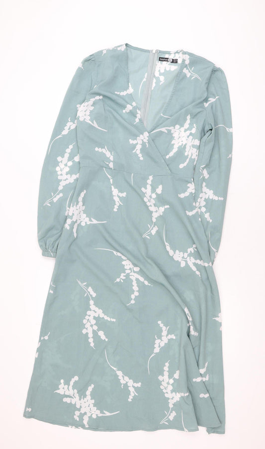 Boohoo Tall Womens Green Floral Midi Wrap Dress Size 10