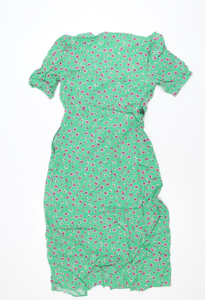 Nobody's Child Women's Green Floral Wrap Dress Size 10 Short Sleeve