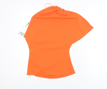 ZARA Women's Orange One Shoulder Asymmetrical Blouse M