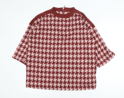 Next Women Red Houndstooth Mock Neck Zip Tunic Blouse UK 16