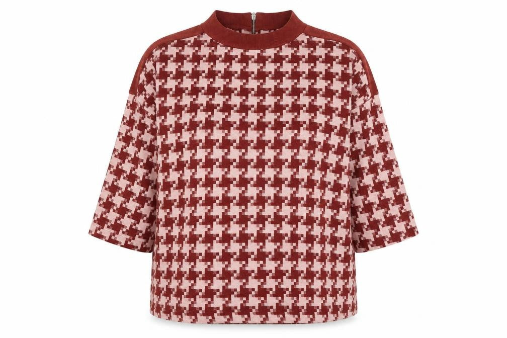 Next Women Red Houndstooth Mock Neck Zip Tunic Blouse UK 16