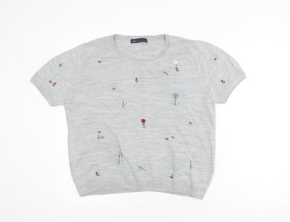 Marks and Spencer Women's Grey Embroidered Short Sleeve Jumper Size 14