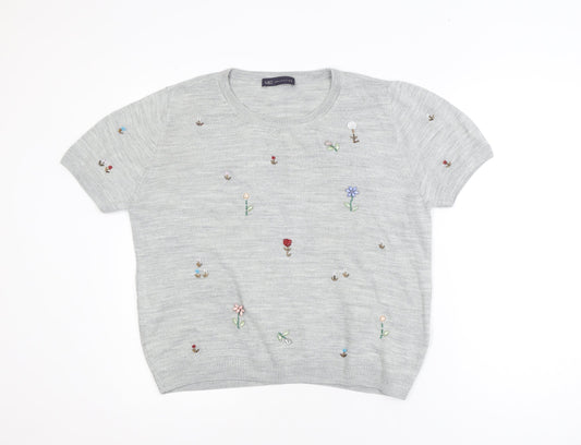 Marks and Spencer Women's Grey Embroidered Short Sleeve Jumper Size 14