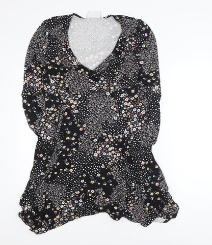 Wallis Petite Black Floral Wrap Dress UK 12 Long Sleeve V-Neck