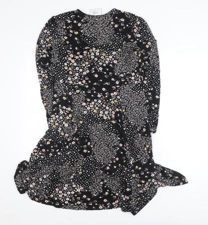 Wallis Petite Black Floral Wrap Dress UK 12 Long Sleeve V-Neck