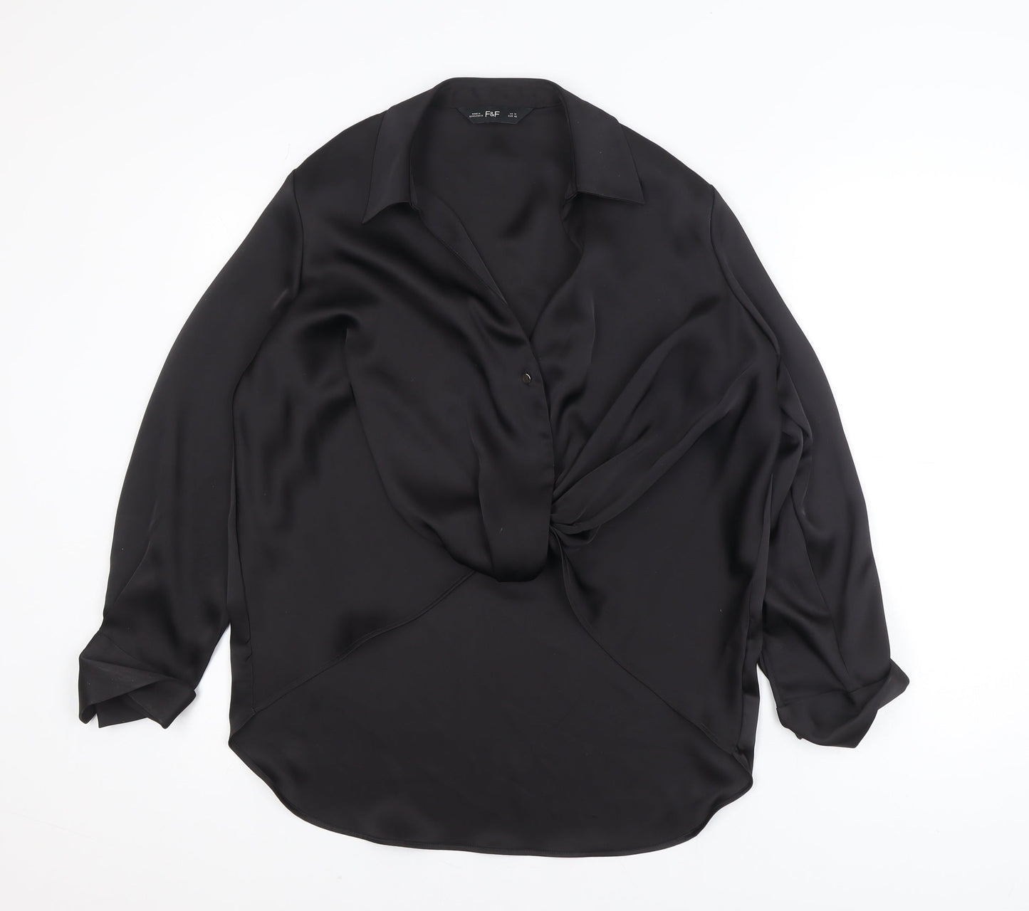 F&F Women's Black Wrap Satin Blouse UK 12 Long Sleeve