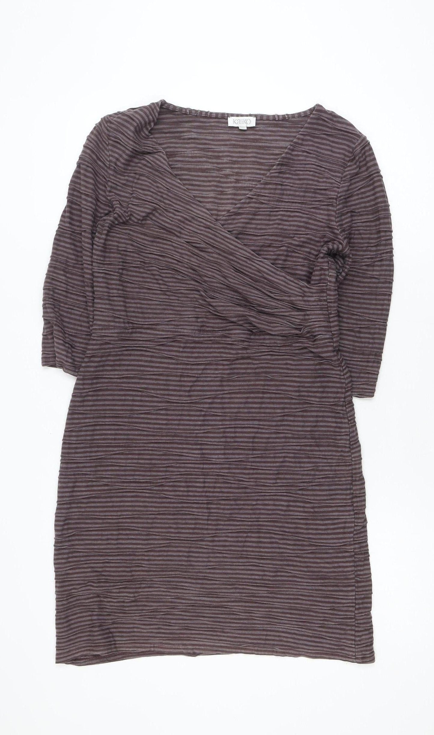 Kaliko Women Brown Striped V-Neck Stretch Wrap Dress Size 12