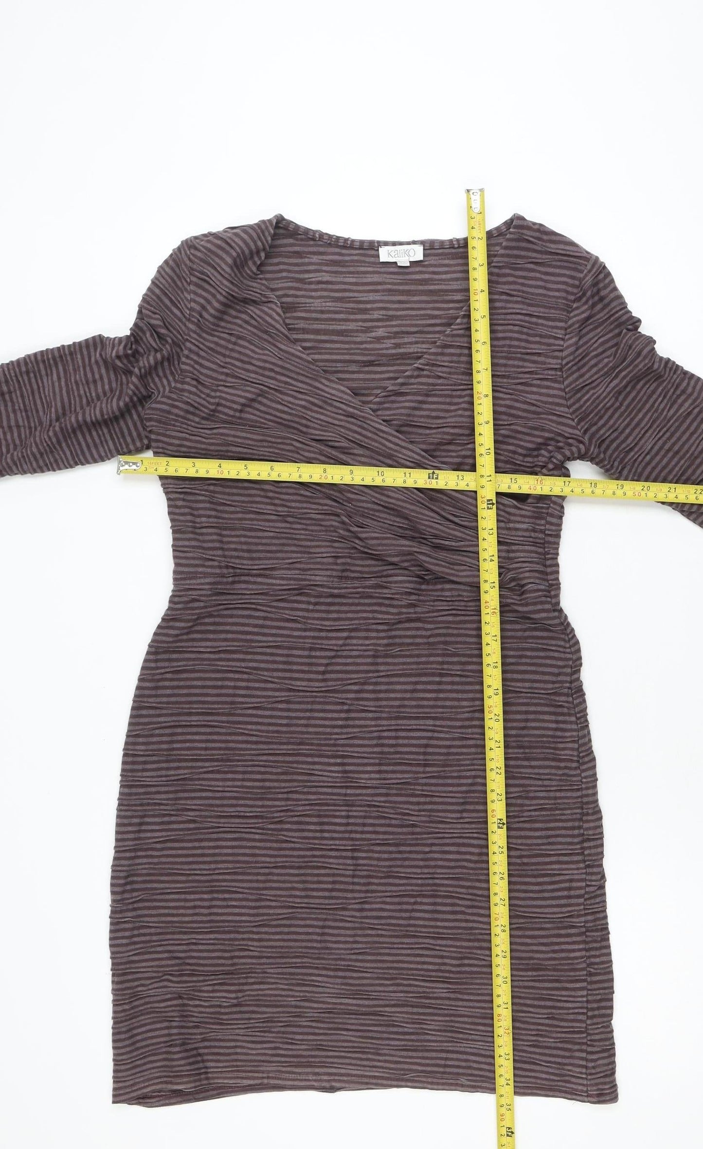 Kaliko Women Brown Striped V-Neck Stretch Wrap Dress Size 12