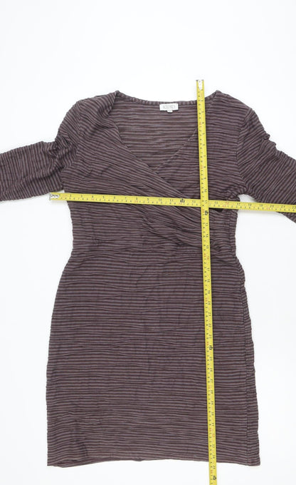 Kaliko Women Brown Striped V-Neck Stretch Wrap Dress Size 12