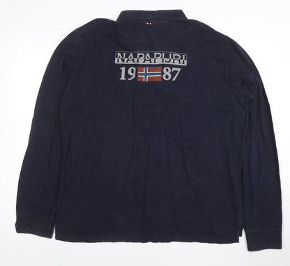Napapijri Men's Blue Long Sleeve Polo Shirt 3XL Cotton Logo
