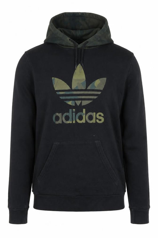Front view of adidas Men's Black Pullover Hoodie S Camo Hood Graphic Logo Sweatshirt