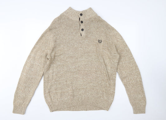 Chaps Men's Beige Cotton Henley Mock Neck Jumper Size L