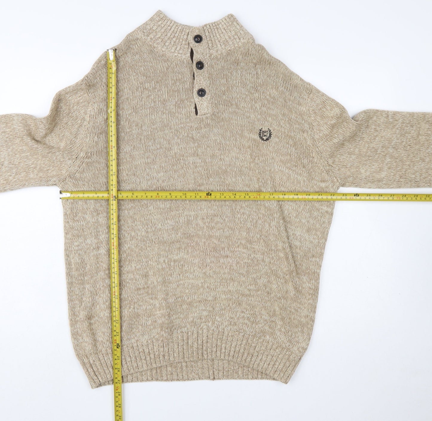 Chaps Men's Beige Cotton Henley Mock Neck Jumper Size L