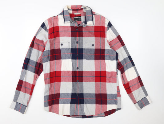 Express Men's Red Plaid Flannel Button-Up Shirt Size L