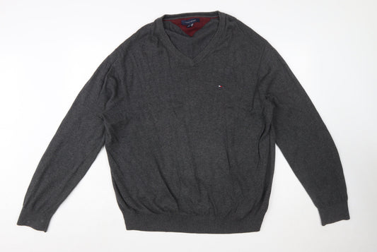Tommy Hilfiger Men Grey XL V-Neck Cotton Jumper Classic Knit