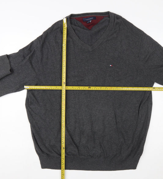 Tommy Hilfiger Men Grey XL V-Neck Cotton Jumper Classic Knit