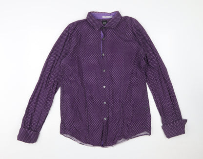 Hugo Boss Men's Purple Polka Dot Slim Fit Long Sleeve Shirt XL