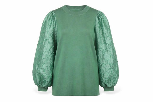 Gallery Women Green Puff Sleeve Knit Top XS Crew Neck Elegant Style