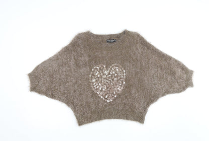 Cherry Couture Women Beige Fuzzy Sequin Heart Jumper Size M