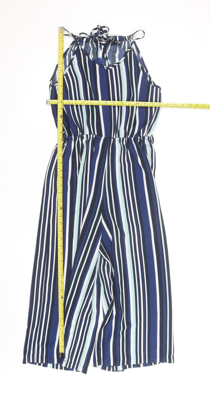 Quiz Women Blue Striped Halter Jumpsuit Size 12 Wide-Leg Crepe