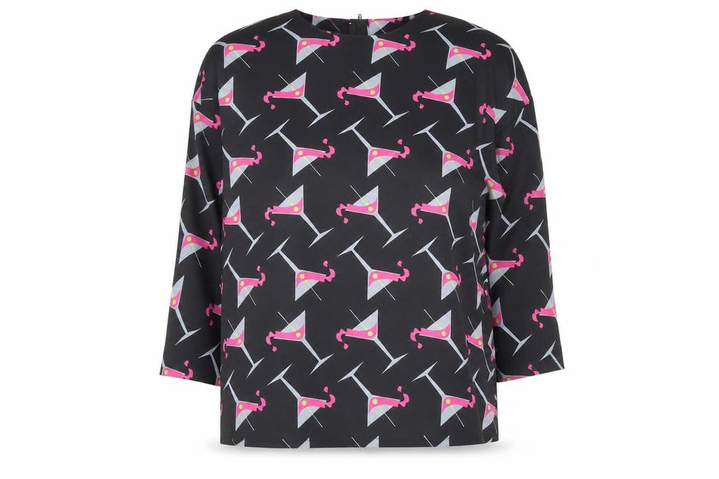 Minueto Women’s Black Cocktail Print Long Sleeve Blouse Size L