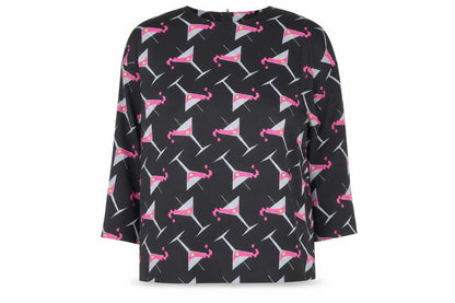 Minueto Women’s Black Cocktail Print Long Sleeve Blouse Size L