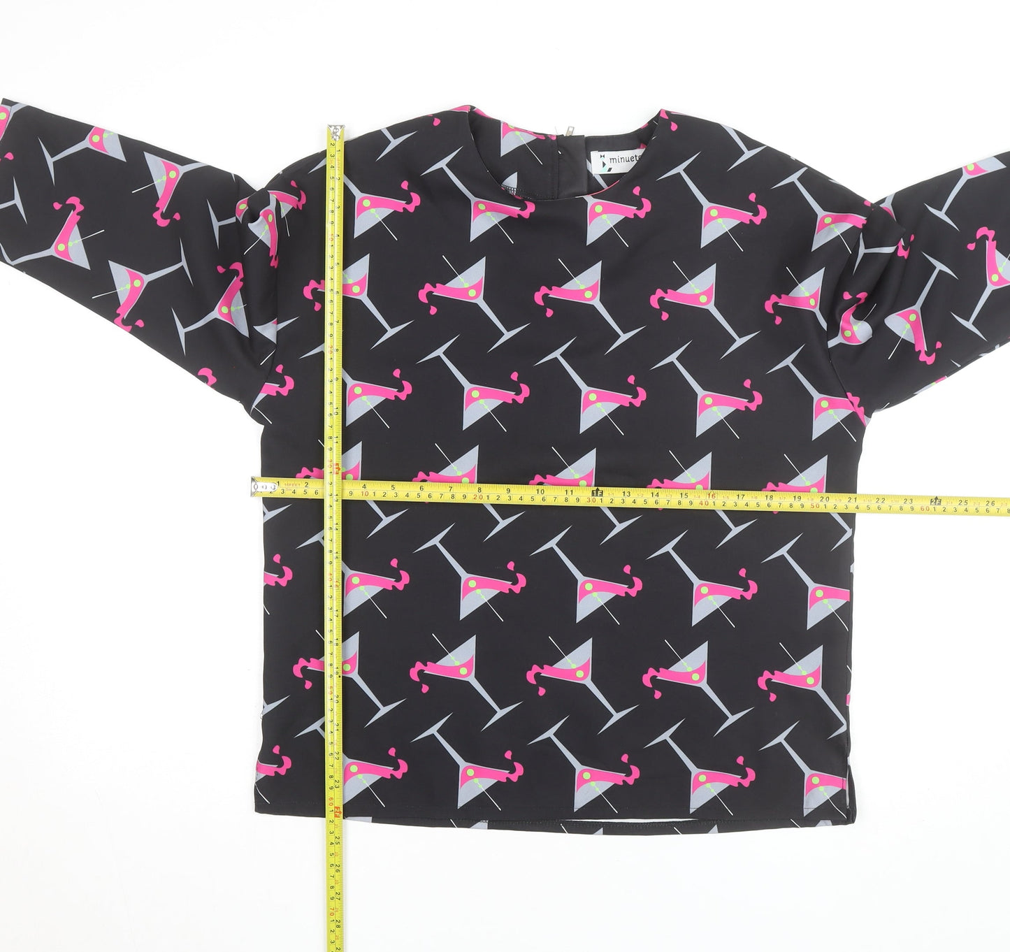 Minueto Women’s Black Cocktail Print Long Sleeve Blouse Size L