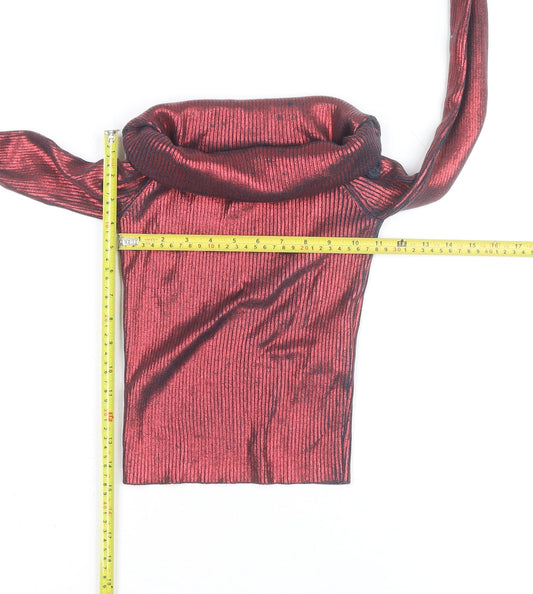Zara Women’s Red Metallic Ribbed Roll Neck Cropped Top Size S