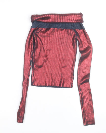 Zara Women’s Red Metallic Ribbed Roll Neck Cropped Top Size S