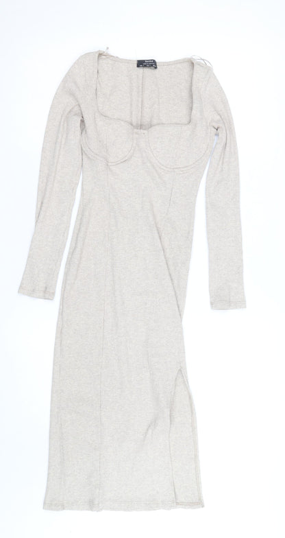 Bershka Women’s Beige Knit Bodycon Midi Dress Size 8