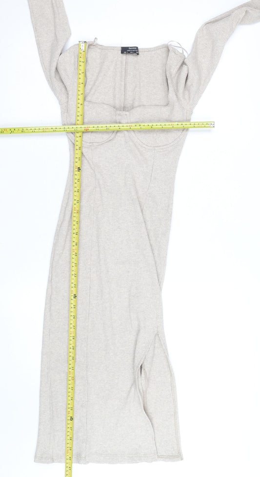 Bershka Women’s Beige Knit Bodycon Midi Dress Size 8
