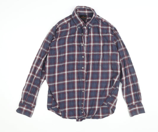 Simon Carter Men's Blue Checked Cotton Button-Down Shirt L
