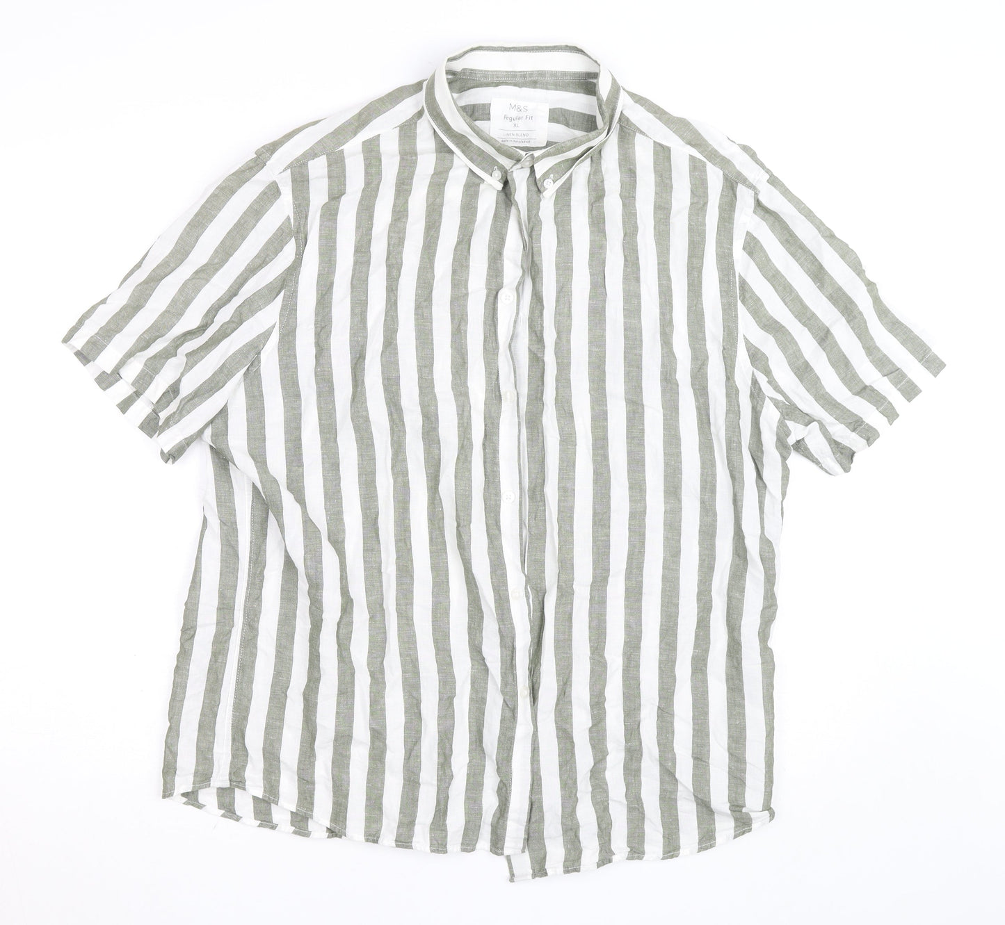 Marks and Spencer Unisex White Striped Linen Blend Short Sleeve Shirt XL