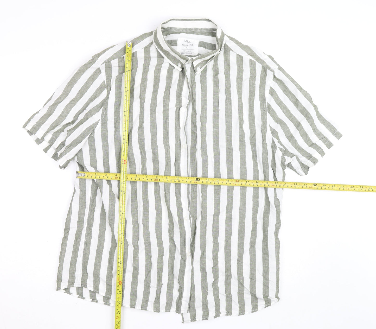 Marks and Spencer Unisex White Striped Linen Blend Short Sleeve Shirt XL