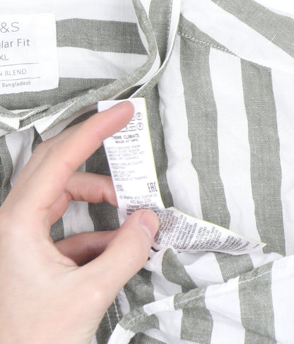 Marks and Spencer Unisex White Striped Linen Blend Short Sleeve Shirt XL