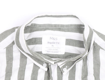 Marks and Spencer Unisex White Striped Linen Blend Short Sleeve Shirt XL