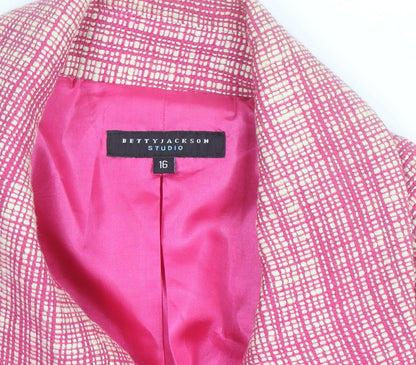 Betty Jackson Studio Women Pink Check Cropped Jacket Size 16 Cotton Lined