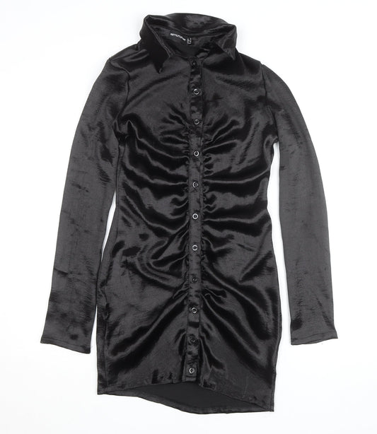 PrettyLittleThing Womens Black Size 6 Satin Ruched Shirt Dress