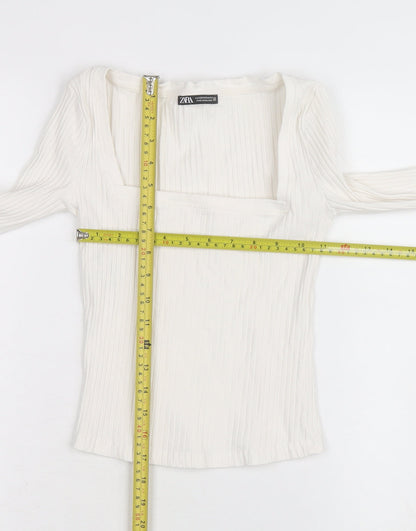 ZARA Women Ivory Long Sleeve Ribbed Square Neck Cotton Top XS