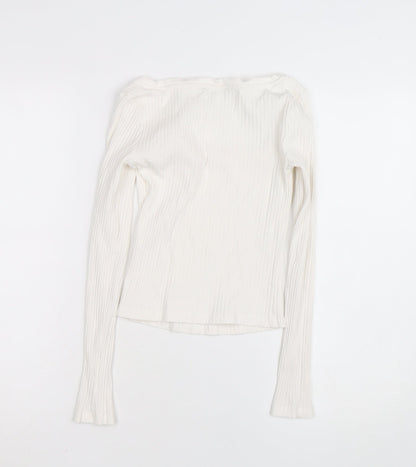 ZARA Women Ivory Long Sleeve Ribbed Square Neck Cotton Top XS