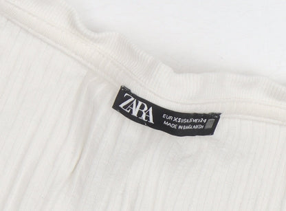 ZARA Women Ivory Long Sleeve Ribbed Square Neck Cotton Top XS