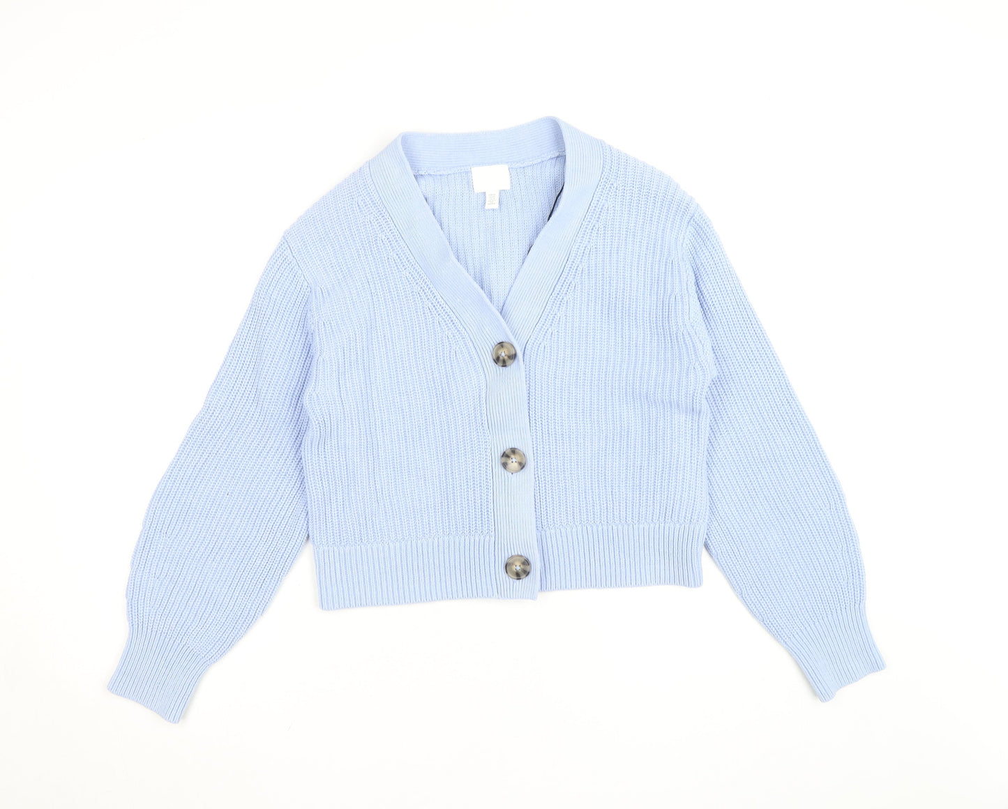 H&M Women Light Blue Cardigan XS Cotton Acrylic Knit V-Neck Jumper