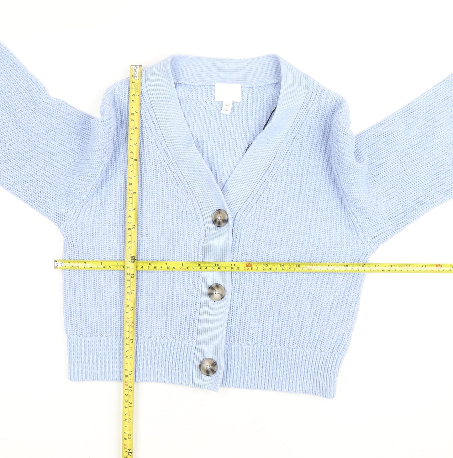 H&M Women Light Blue Cardigan XS Cotton Acrylic Knit V-Neck Jumper