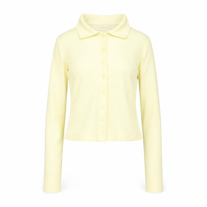 Stradivarius Women Yellow Cropped Collared Long Sleeve Button-Up Shirt Size 8