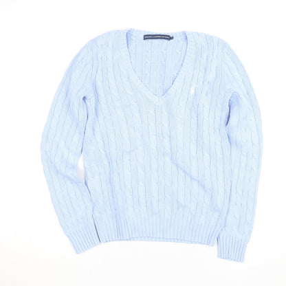 Ralph Lauren Sport Women's Blue Cotton V-Neck Cable Knit Jumper M