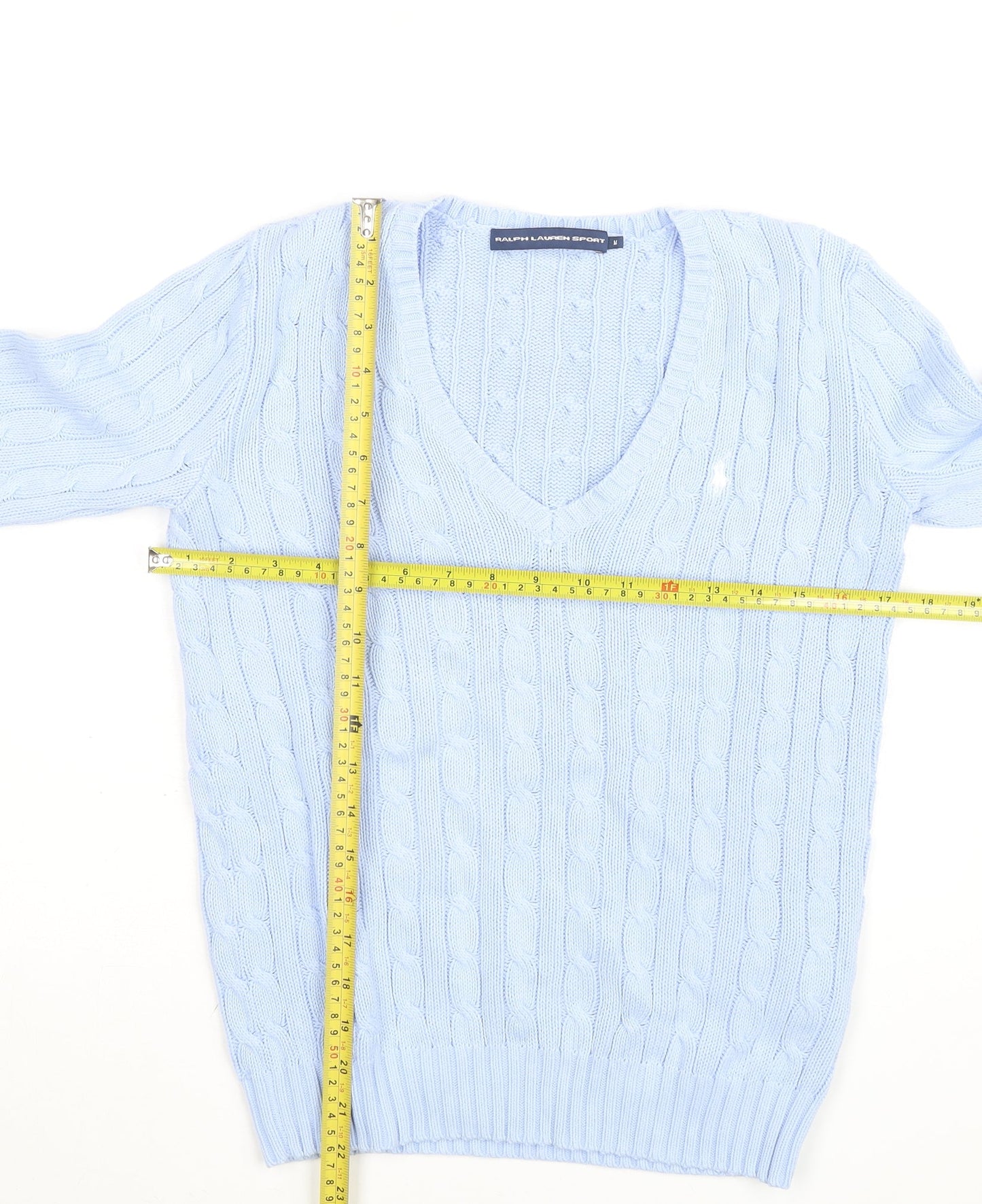Ralph Lauren Sport Women's Blue Cotton V-Neck Cable Knit Jumper M