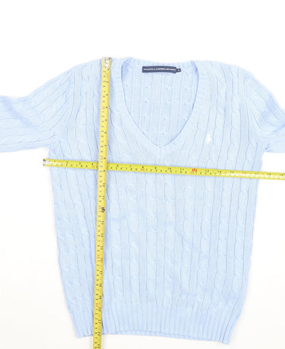 Ralph Lauren Sport Women's Blue Cotton V-Neck Cable Knit Jumper M