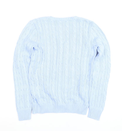 Ralph Lauren Sport Women's Blue Cotton V-Neck Cable Knit Jumper M